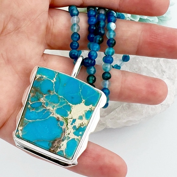 Solid Sterling Silver 925 Aqua Blue Sea Sediment Jasper Pendant Necklace New - Picture 3 of 8